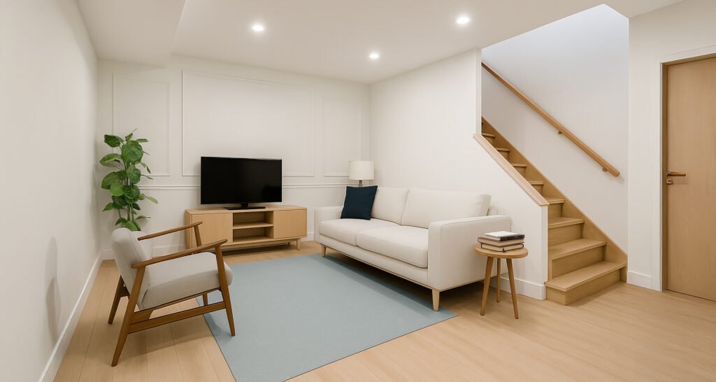 Renovated basement in York, PA with wall moulding, LVP Floors, recessed lighting